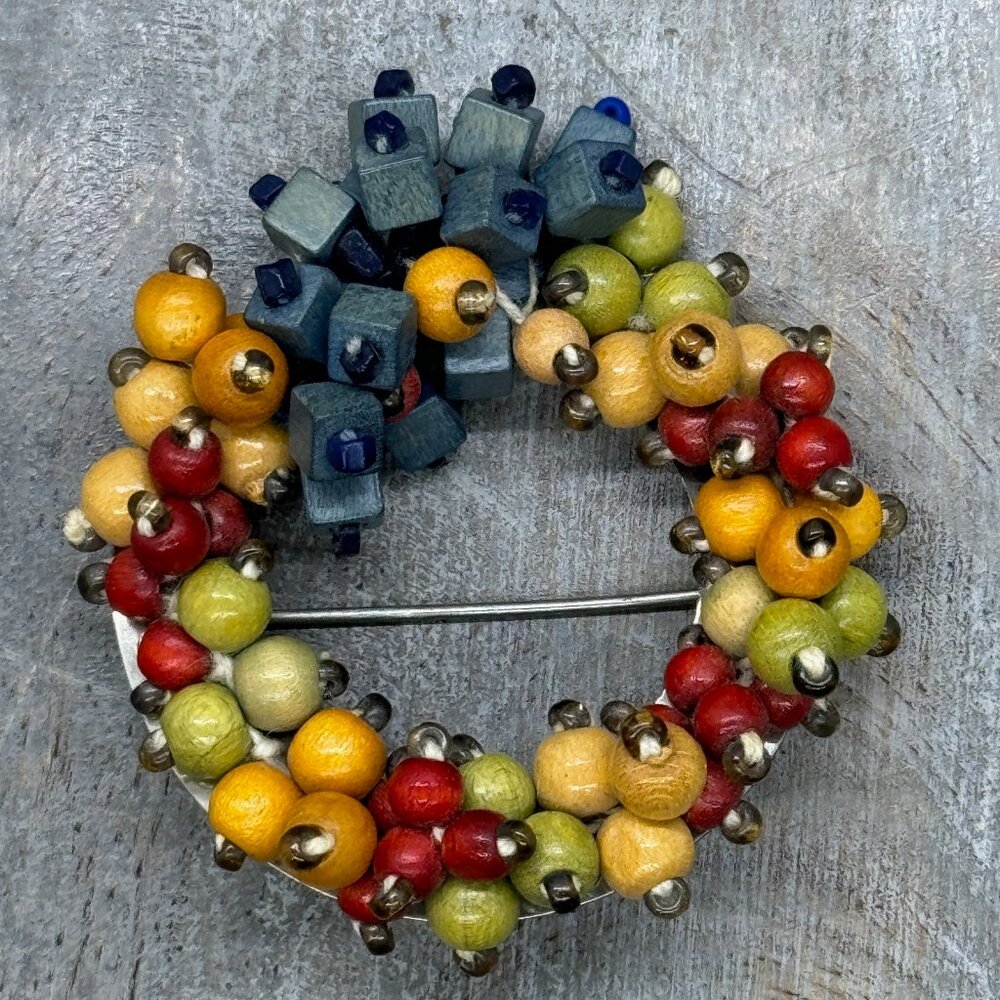 Vintage Wooden Bead Wreath Brooch - Red/Orange/Green/Blue from Czechoslovakia
